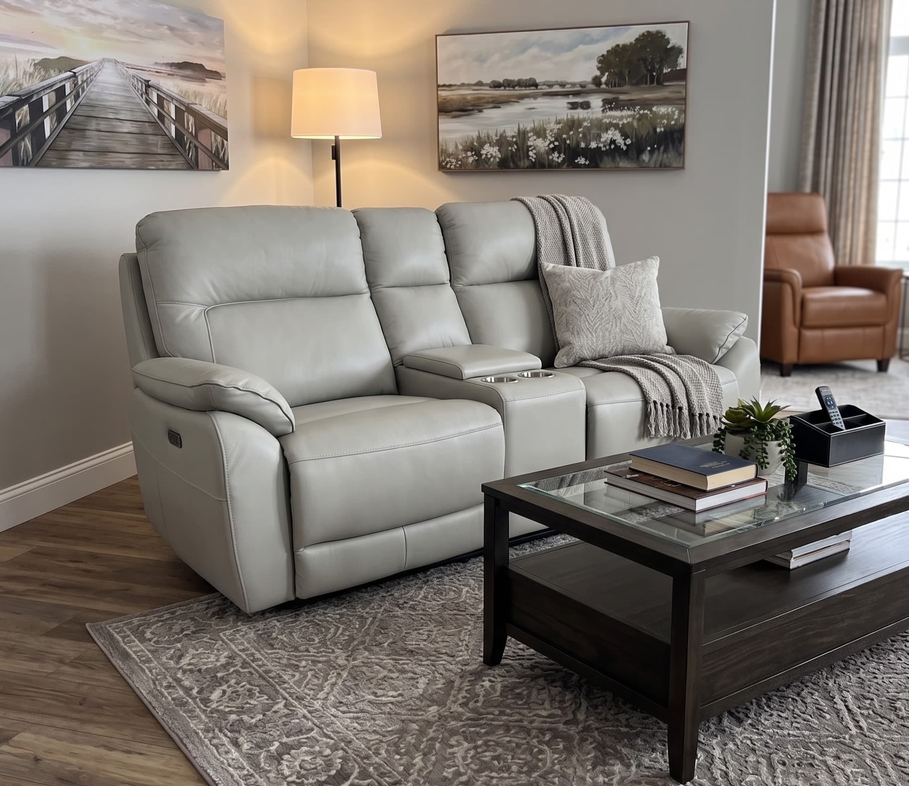 Oakland Leather Power Recliner Sofa w/Drop Down Console by Azur